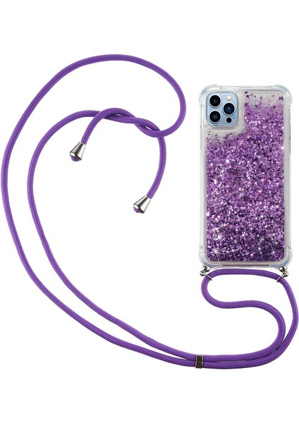 Iphone 14 Pro Telefon Kılıfı 6.1 Inç Bling Glitter Sıvı Kılıf Yüzen Hızlı ve Şok Geçirmez Yumuşak Tpu Telefon Kapağı Uzun Kordon-Mor ile (Yurt Dışından)