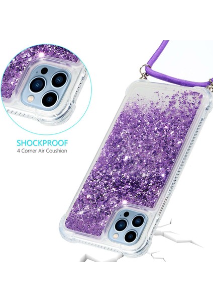 Iphone 14 Pro Telefon Kılıfı 6.1 Inç Bling Glitter Sıvı Kılıf Yüzen Hızlı ve Şok Geçirmez Yumuşak Tpu Telefon Kapağı Uzun Kordon-Mor ile (Yurt Dışından)