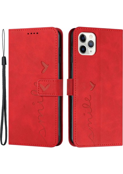 Iphone 14 Pro Flo Telefon Kasası 6.1 Inç Cilt Dokunuşu Kalp Şekli, Basılmış Pu Deri Standı Cüzdan Kapağı Kayış Kırmızısı ile (Yurt Dışından)