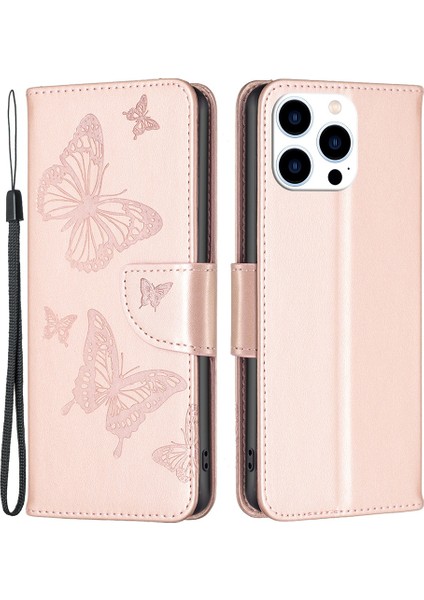 Iphone 14 Pro Telefon Kasası Koruyucu Kasa 6.1 Inç Kelebekler Baskı Stand Kılıfı Tam Koruma Cüzdan Tarzı Deri Kabuk Rose Gold (Yurt Dışından)