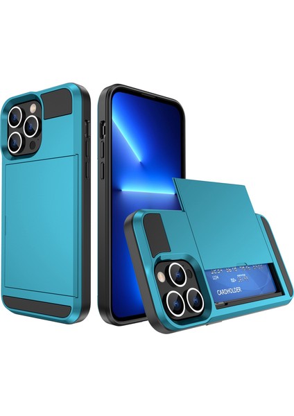 Iphone 14 Pro Telefon Kılıfı Için 6.1 Inç Kayan Kart Tutucu Pürüzsüz Yüzey Pc+Tpu Hibrit Telefon Kabuk Işık Mavi (Yurt Dışından)