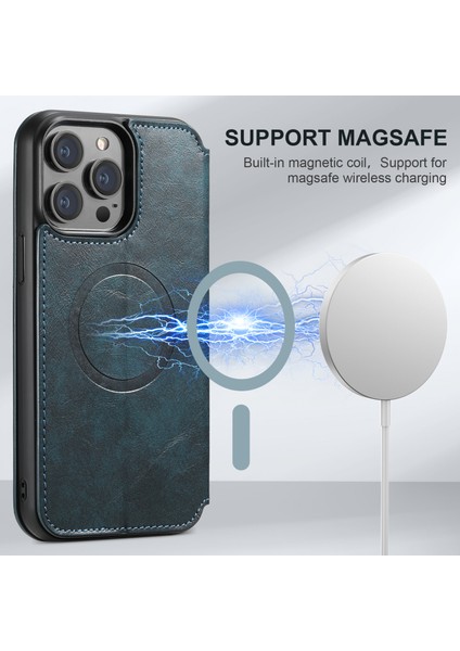 Iphone 14 Pro Pu Deri Stand Için Magsafe-Mavi ile Uyumlu Telefon Cüzdan Kapağı (Yurt Dışından)