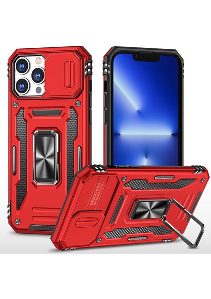 Iphone 14 Pro Telefon Kılıfı 6.1 Inç Sert Pc+Tpu Halka Kickstand Hücre Slayt Kamera Kapağı Fingerprint Anti-Fingerprint Telefon Kabuğu Kırmızısı (Yurt Dışından)