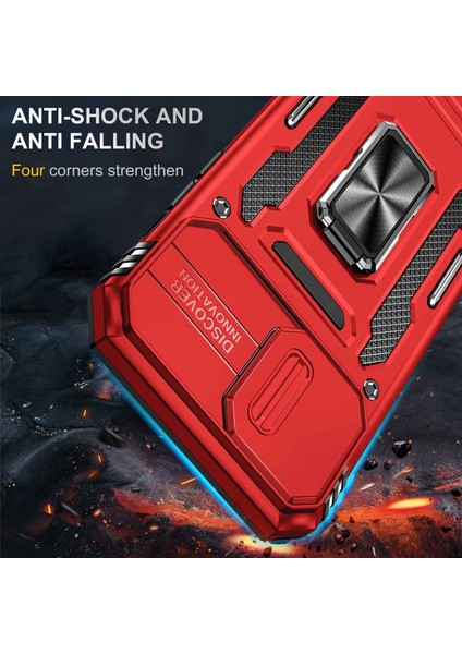 Iphone 14 Pro Telefon Kılıfı 6.1 Inç Sert Pc+Tpu Halka Kickstand Hücre Slayt Kamera Kapağı Fingerprint Anti-Fingerprint Telefon Kabuğu Kırmızısı (Yurt Dışından)
