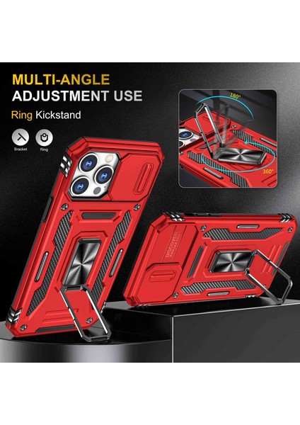 Iphone 14 Pro Telefon Kılıfı 6.1 Inç Sert Pc+Tpu Halka Kickstand Hücre Slayt Kamera Kapağı Fingerprint Anti-Fingerprint Telefon Kabuğu Kırmızısı (Yurt Dışından)