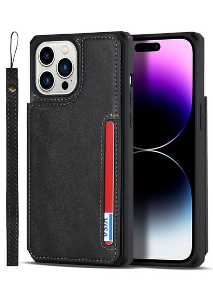 Iphone 14 Pro 14 Pro Telefon Kılıfı Anti Dütle Pu Deri Kaplamalı Tpu Manyetik Snap Düğmesi Cüzdan Telefon Kapağı Kickstand Telefon Kabuk-Black (Yurt Dışından)