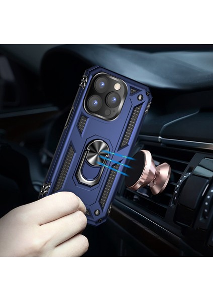 Iphone 14 Pro Telefon Kılıfı Için 6.1 Inç Yumuşak Tpu+Sert Pc Şok Geçirmez Kickstand Kapak Araba Montajı Metal Sac Mavisi (Yurt Dışından)