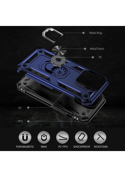 Iphone 14 Pro Telefon Kılıfı Için 6.1 Inç Yumuşak Tpu+Sert Pc Şok Geçirmez Kickstand Kapak Araba Montajı Metal Sac Mavisi (Yurt Dışından)