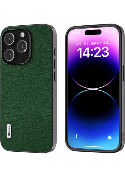 Iphone 14 Pro Koruyucu Kabuk Litchi Doku Dergi Deri+Pc+Tpu Telefon Kılıf Yeşil (Yurt Dışından)