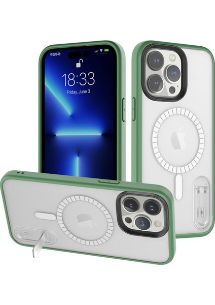 Iphone 14 Pro Fall Anti-Fall Phone Kılıfı Için Sabit Pc Yumuşak Tpu Akıllı Telefon Kapağı Kickstand-Green (Yurt Dışından)