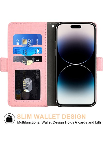 Iphone 14 Pro Fone Case Hücre Kot Koku Bez Doku Pu Deri Cüzdan Dönen Kart Yuvası Pembe (Yurt Dışından)