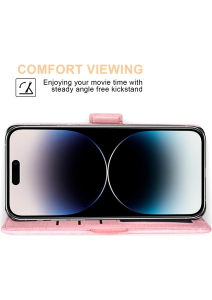 Iphone 14 Pro Fone Case Hücre Kot Koku Bez Doku Pu Deri Cüzdan Dönen Kart Yuvası Pembe (Yurt Dışından)