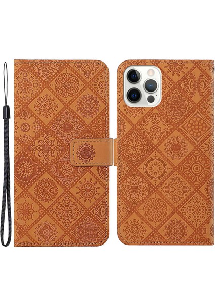 Iphone 14 Pro Telefon Kılıfı 6.1 Inç Etnik Tarzı Çiçek Baskılı Pu Deri Kılıf Stand Cüzdan Manyetik Toka Telefon Kapak Kılıfı (Yurt Dışından)