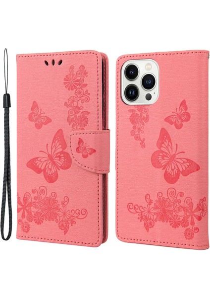 Iphone 14 Pro Phone Case Hücre Çantası 6.1 Inç Büyük Kelebekler Çiçek Deseni Desresit Stand Cüzdan Flip Manyetik Telefon Kapak-Pembe (Yurt Dışından)