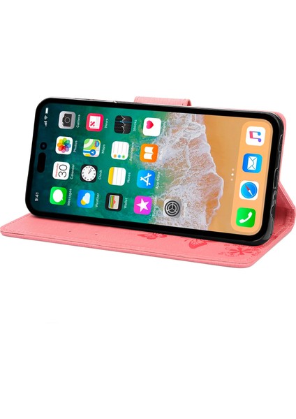 Iphone 14 Pro Phone Case Hücre Çantası 6.1 Inç Büyük Kelebekler Çiçek Deseni Desresit Stand Cüzdan Flip Manyetik Telefon Kapak-Pembe (Yurt Dışından) modelleri