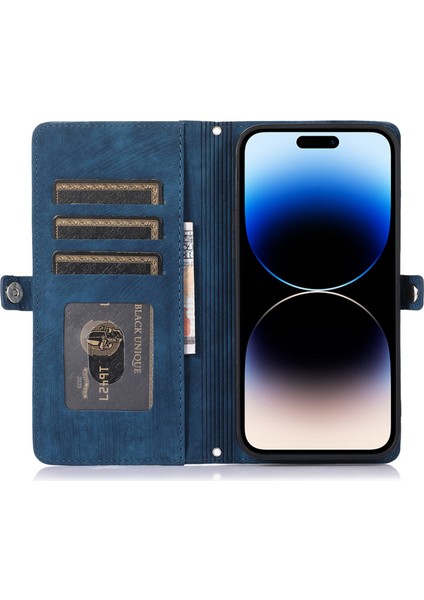 Iphone 14 Pro Telefon Kılıfı Için 6.1 Inç 9 Kart Yuvaları Fermuarı Cep Tasarım Pu Deri Deri Stand Cüzdan Anti-Damla Kapak Bilek Kayış Mavisi (Yurt Dışından) modelleri