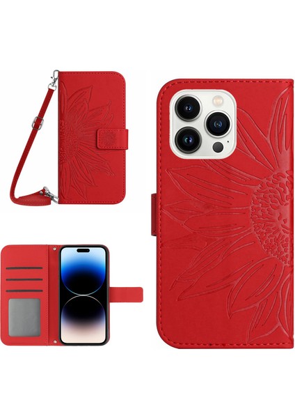 Iphone 14 Pro Telefon Kılıfı Için Baskılı Ayçiçeği HT04 Stand Cüzdan Cilt Touch Pu Deri Deri Iç Tpu Kapak Omuz Kayışı Kırmızısı (Yurt Dışından)