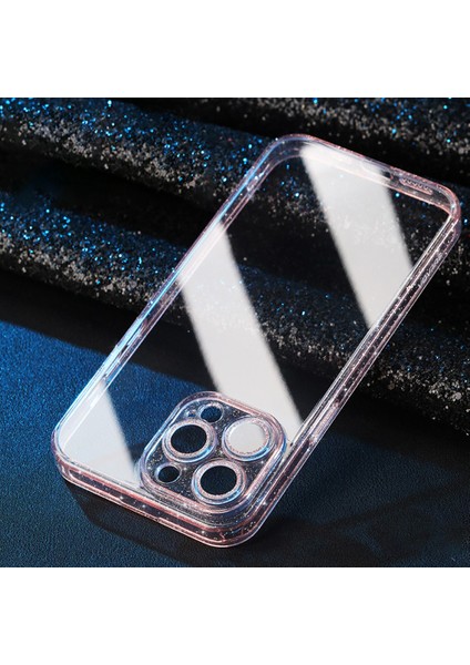 Iphone 14 Pro Fone Case Temperlenmiş Cam Geri Kılıf Glitter Tpu Çerçeve Elektrapan Telefon Kapağı Lens Koruyucusu-Pembe (Yurt Dışından)