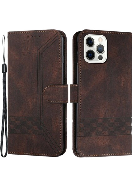 Iphone 14 Pro Telefon Kılıfı Için Baskılı Rhombus ve Lines Stand Pu Derisi+Tpu Telefon Cüzdan Kapağı Kayış-Brown (Yurt Dışından)
