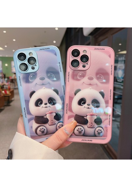 Iphone 14 Pro Fone Case Desen Baskı Için Kapak Süt Tea Panda Temperli Cam+Tpu Lens Film-Mavisi (Yurt Dışından)