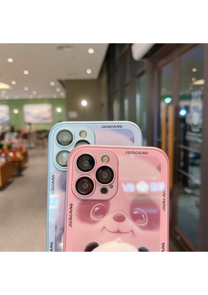 Iphone 14 Pro Fone Case Desen Baskı Için Kapak Süt Tea Panda Temperli Cam+Tpu Lens Film-Mavisi (Yurt Dışından)