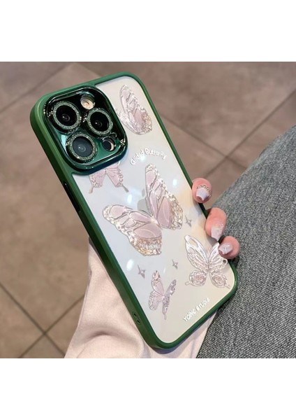 Iphone 14 Pro Glittery Powder Decor Shell Platinum Kelebek Cam+Tpu Kasa Telefon Kapak Yuruku (Yurt Dışından)