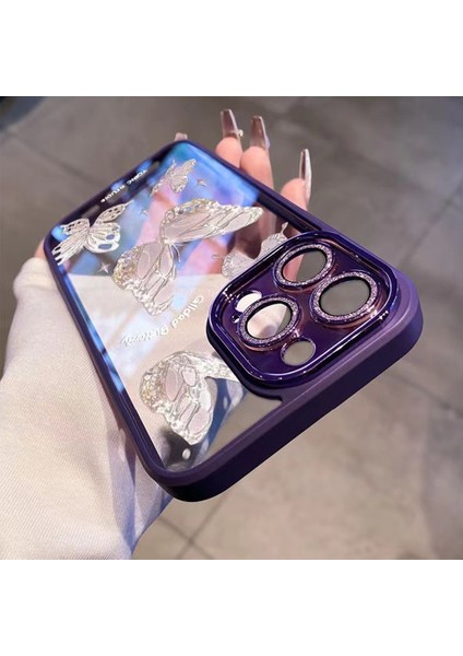 Iphone 14 Pro Glittery Powder Decor Shell Platinum Kelebek Cam+Tpu Kasa Telefon Kapak Yuruku (Yurt Dışından)