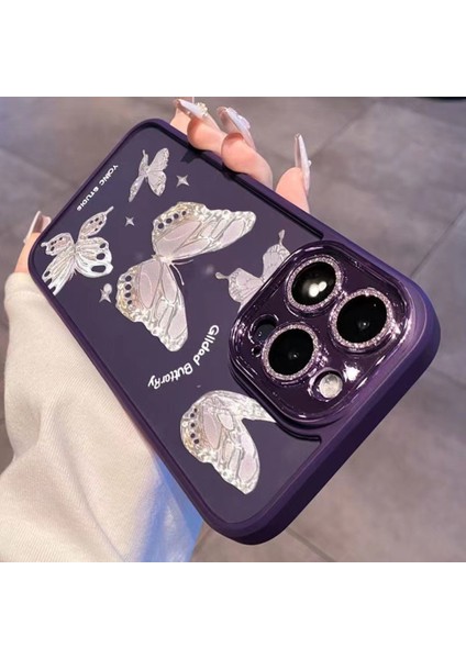 Iphone 14 Pro Glittery Powder Decor Shell Platinum Kelebek Cam+Tpu Kasa Telefon Kapak Yuruku (Yurt Dışından)