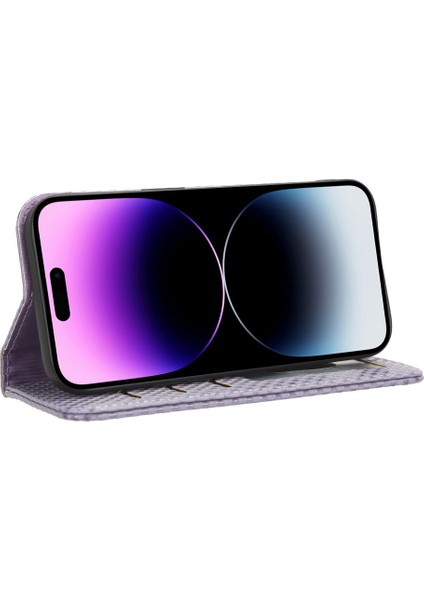 Iphone 14 Pro 14 Pro Telefon Kılıfı Için Izgara Doku Pu Deri Stand Kılıfı Manyetik Otomatik Ahmed Folio Flip Cep Telefon Cüzdan Kapak Işık Mor (Yurt Dışından)