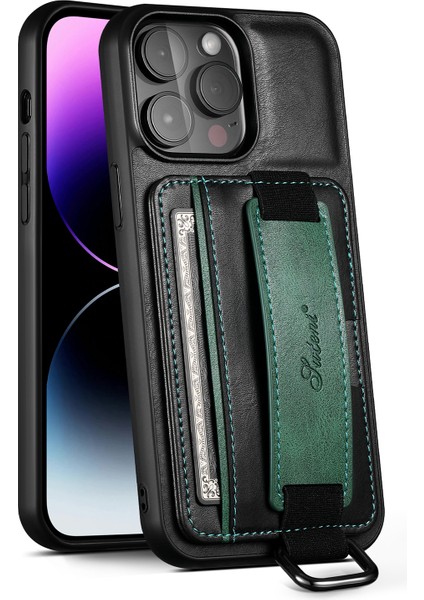 Iphone 14 Pro Deri Kaplamalı Pc+Tpu Kart Yuvaları El Strap-Black ile Telefon Kapağı (Yurt Dışından)