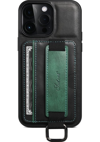 Iphone 14 Pro Deri Kaplamalı Pc+Tpu Kart Yuvaları El Strap-Black ile Telefon Kapağı (Yurt Dışından)