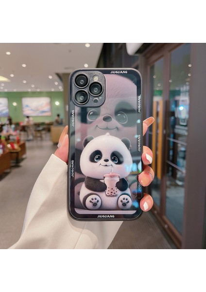 Iphone 14 Pro Flo Telefon Vaka Deseni Için Baskı Süt Tea Panda Temperli Cam+Tpu Lens Film-Black (Yurt Dışından)