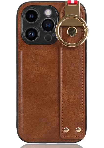 Iphone 14 Pro Wristband Kickstand Deri Kaplama Telefon Kapağı Pc+Tpu Boyun Kayış-Brown ile Geri Kılıf (Yurt Dışından) fiyatları