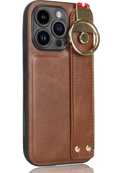 Iphone 14 Pro Wristband Kickstand Deri Kaplama Telefon Kapağı Pc+Tpu Boyun Kayış-Brown ile Geri Kılıf (Yurt Dışından) fırsatları