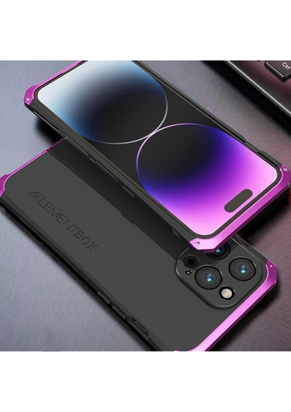 Iphone 14 Pro Telefon Kılıf Eleman Kutusu Metal Çerçeve 3 Parçalı Tasarım Anti-Drop Sert Pc Arka Kapak Koruyucu-Black/mor (Yurt Dışından)