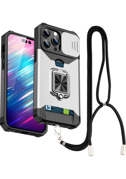 Iphone 14 Pro Fone Case 6.1 Inç Slide Camera Cover Card Yuvası Telefon Kabuğu Sabit Pc+Tpu Kickstand Strap-Silver ile (Yurt Dışından)
