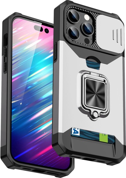 Iphone 14 Pro Fone Case 6.1 Inç Slide Camera Cover Card Yuvası Telefon Kabuğu Sabit Pc+Tpu Kickstand Strap-Silver ile (Yurt Dışından) fiyatları
