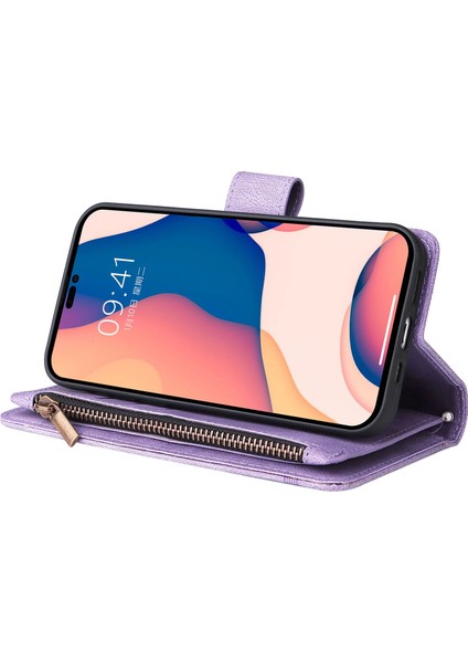 Iphone 14 Pro Telefon Kılıfı 6.1 Inç Anti-Fall Cilt Touch Stripes Baskılı Deri Kapak Kartı Yuvaları Fermuar Cep-Doğru ile Flip Cüzdan Koruyucu Kılıf (Yurt Dışından) fırsatları