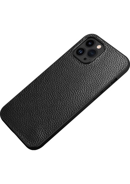 Iphone 14 Pro Telefon Kılıfı Için Litchi Doku Orijinal Cowhide Deri Kaplamalı Sert Pc+Tpu Anti-Drop Telefon Kapak Black (Yurt Dışından)