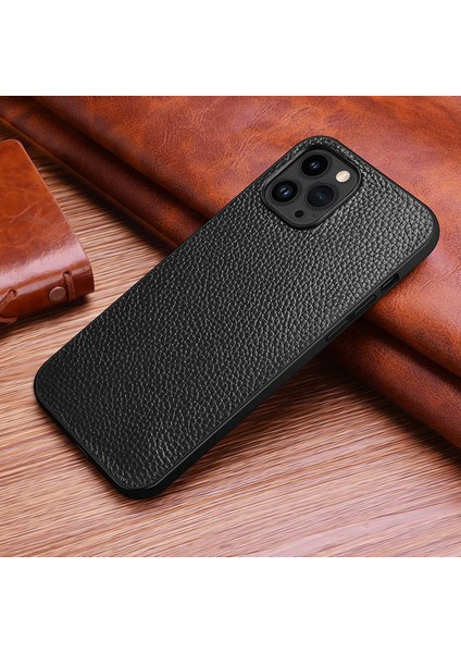 Iphone 14 Pro Telefon Kılıfı Için Litchi Doku Orijinal Cowhide Deri Kaplamalı Sert Pc+Tpu Anti-Drop Telefon Kapak Black (Yurt Dışından)