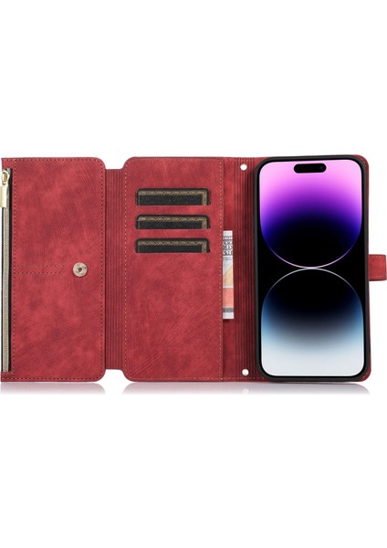 Iphone 14 Pro 14 Için Telefon Kılıfı Zipper Cep Folio Pu Deri Kılıf Manyetik Kapatma Çoklu Kart Yuvaları Stand Flip Cüzdan Kapak-Kırmızı (Yurt Dışından)