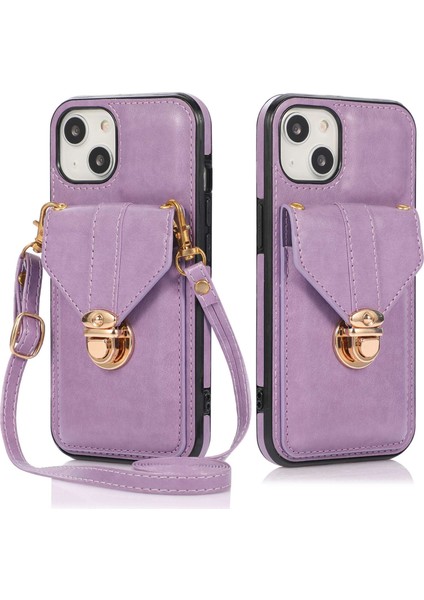 Iphone 14 Telefon Kasası Için 6.1 Inç Çizgiye Döküm Anti Telefon Kapağı Pu Deri+Tpu Kart Tutucu Kickstand Omuz Askılı-Mor ile (Yurt Dışından)