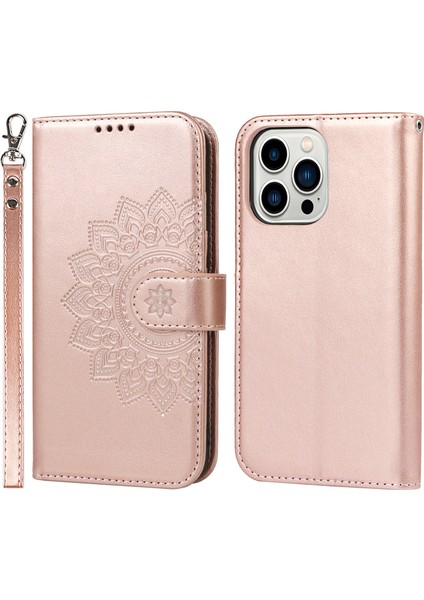 Iphone 14 Pro Fone Case Için R61 Doku Dikiş Pu Deri+Tpu Katlanabilir Stand Deseni Baskılı Cüzdan Kapak Gül Altın (Yurt Dışından)