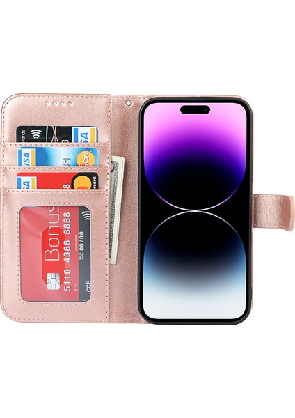Iphone 14 Pro Fone Case Için R61 Doku Dikiş Pu Deri+Tpu Katlanabilir Stand Deseni Baskılı Cüzdan Kapak Gül Altın (Yurt Dışından)