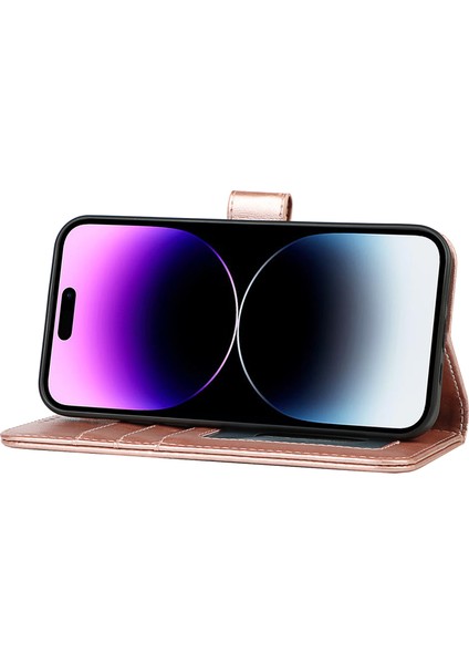 Iphone 14 Pro Fone Case Için R61 Doku Dikiş Pu Deri+Tpu Katlanabilir Stand Deseni Baskılı Cüzdan Kapak Gül Altın (Yurt Dışından)