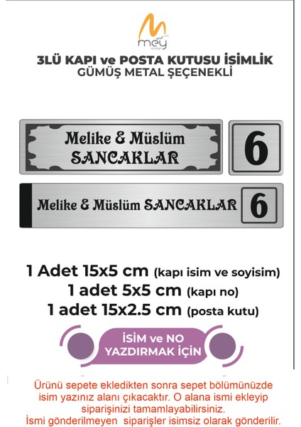 Gümüş Metal Kapı İsimliği Seti 3'lü - Kapı İsimliği, Kapı Numarası, Posta Kutusu İsimliği