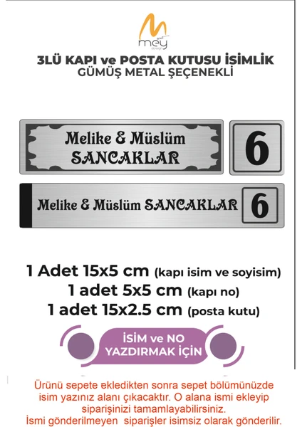 Mey Art Gümüş Metal Kapı İsimliği Seti 3'lü - Kapı İsimliği, Kapı Numarası, Posta Kutusu İsimliği