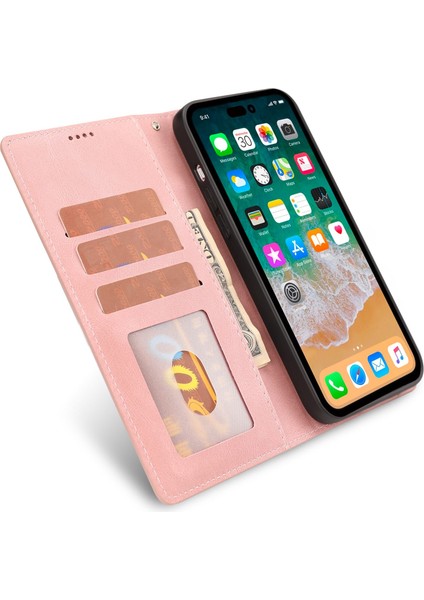 Iphone 14 Pro Telefon Kılıfı Için 6.1 Inç Pu Deri Damla Geçirmez Cüzdan Stand Koruyucu Kapak Strap-Pembe (Yurt Dışından)