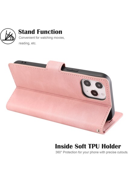 Iphone 14 Pro Telefon Kılıfı Için 6.1 Inç Pu Deri Damla Geçirmez Cüzdan Stand Koruyucu Kapak Strap-Pembe (Yurt Dışından)