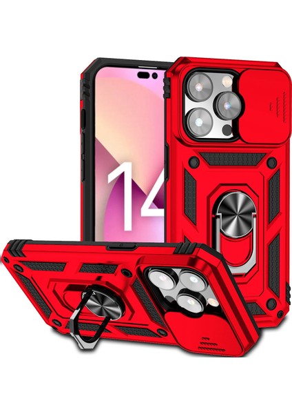 Iphone 14 Pro Telefon Kılıfı 6.1 Inç Sert Pc+Yumuşak Tpu Rotary Kickstand Kasa Slayt Kamera Koruma Kapak-Kırmızı (Yurt Dışından)
